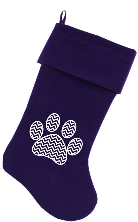 Chevron Paw Screen Print 18 inch Velvet Christmas Stocking Purple